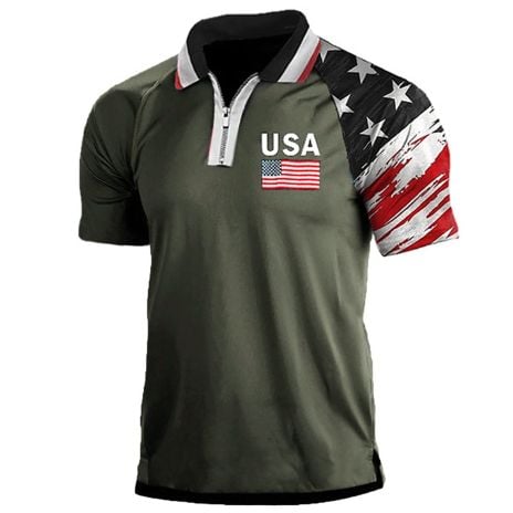 Men's American Flag Eagle Print Outdoor T Shirt Retro Outdoor Tactical Polo T Shirt American Eagle Polo Shirts