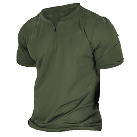 Casual Sports T-Shirt Mens Short Sleeve Henley Neck Tee Shirt Zipper Solid Slim Comfort Basic Summer Tops
