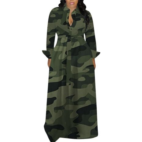 Women's Camo Long Sleeve Dress Camouflage Loose Casual Long Dresses