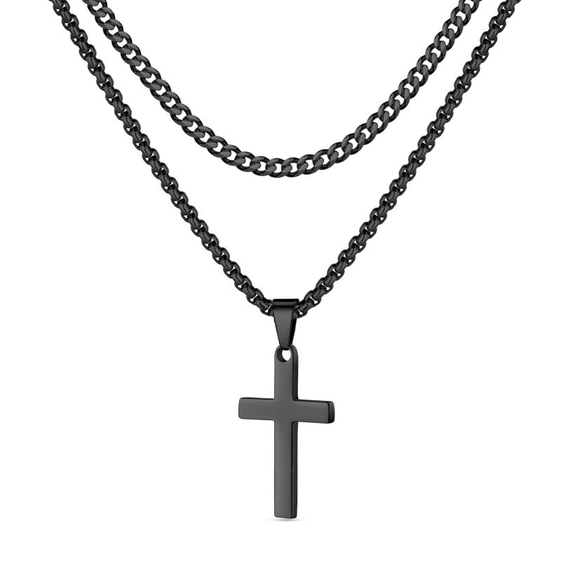 Men Cuban Link Chain Box Chain Cross Necklace