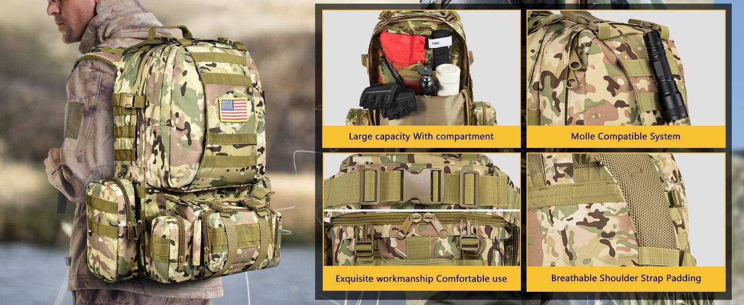 ThreePigeons™ Large Assault Detachable Molle Rucksack 60L
