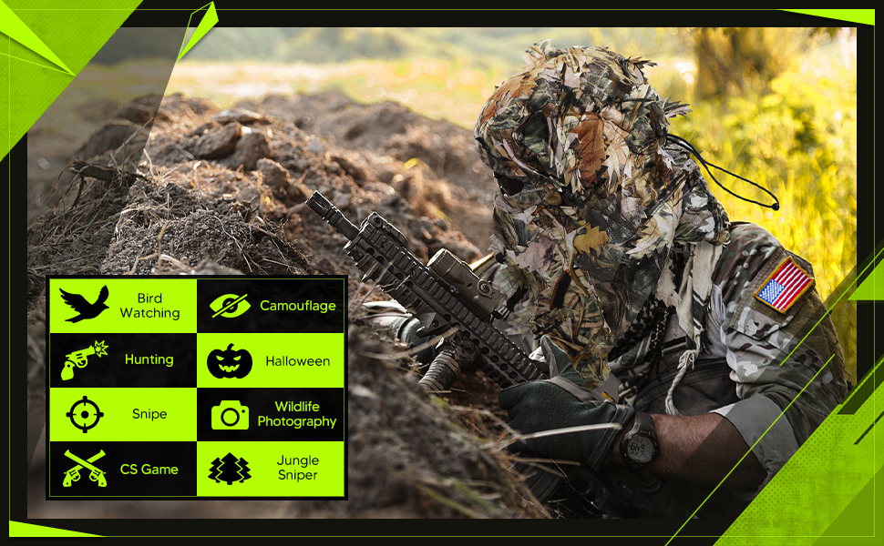 Hunting Face Mask Camouflage Leafy Hat Ghillie Face Covering 3D Full Cover Camo Headwear