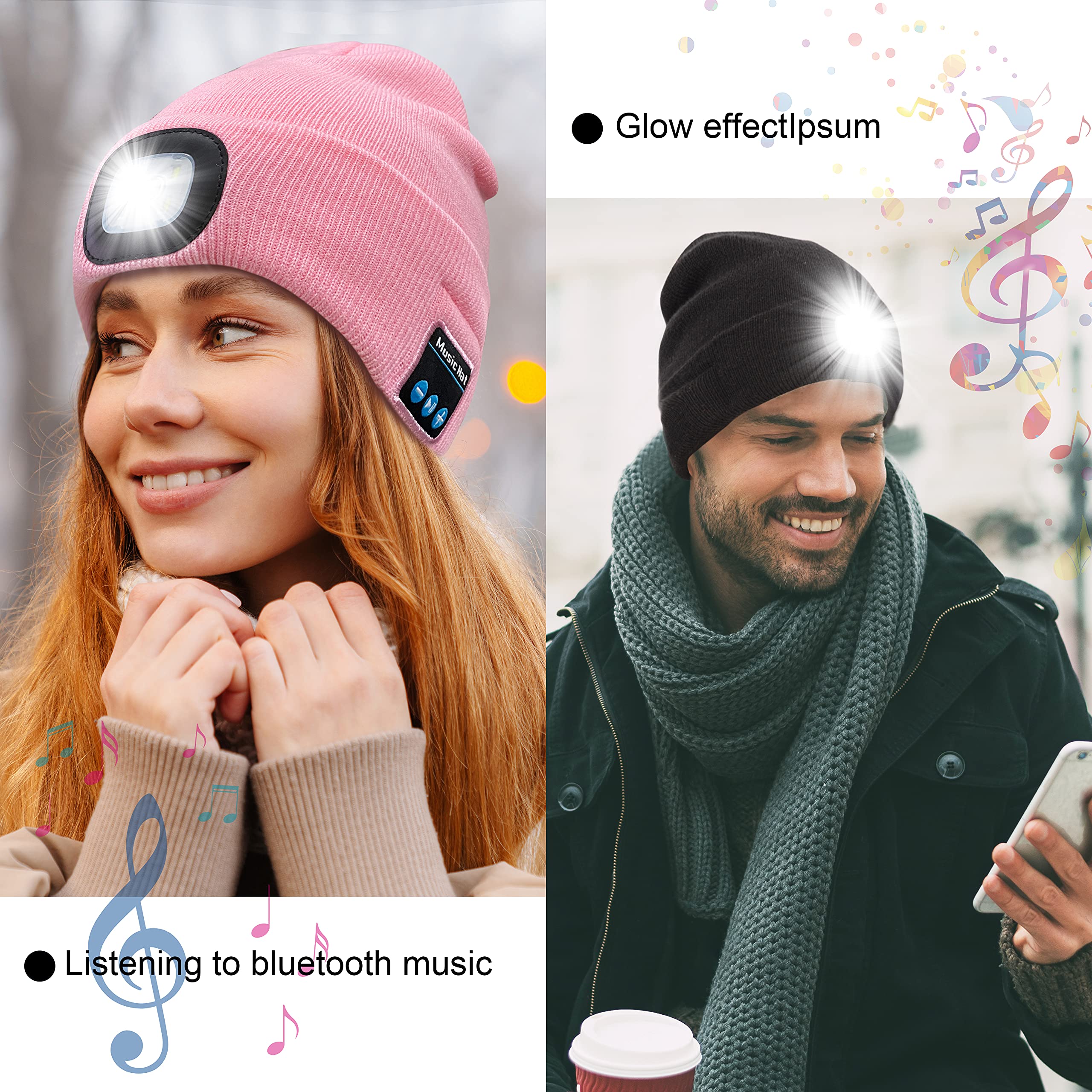 Bluetooth Beanie with Light Musical Knit Hat with Headphones and Built-in Speaker Mic
